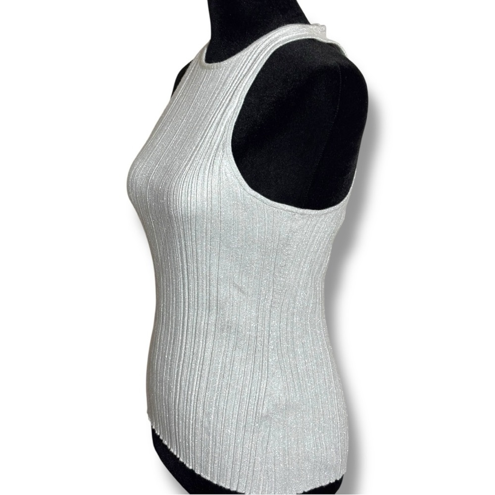 Madewell Blue/Silver Shiny Fitted Sleeveless Ribbed High Neck Racerback Tank Top - Picture 6 of 16
